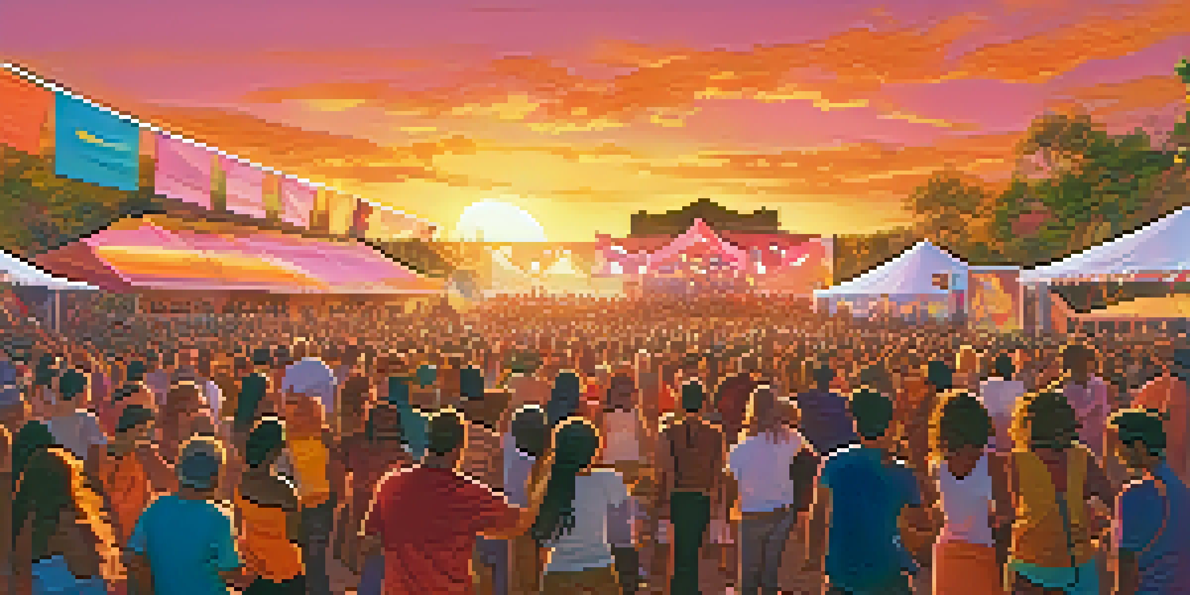 A lively music festival at sunset with diverse attendees dancing and musicians on stage, surrounded by colorful banners and lights.