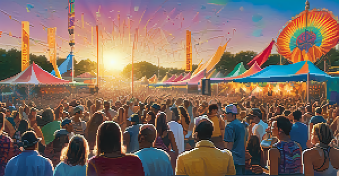 A lively outdoor music festival with a diverse audience enjoying live music, colorful decorations, and musicians on stage.