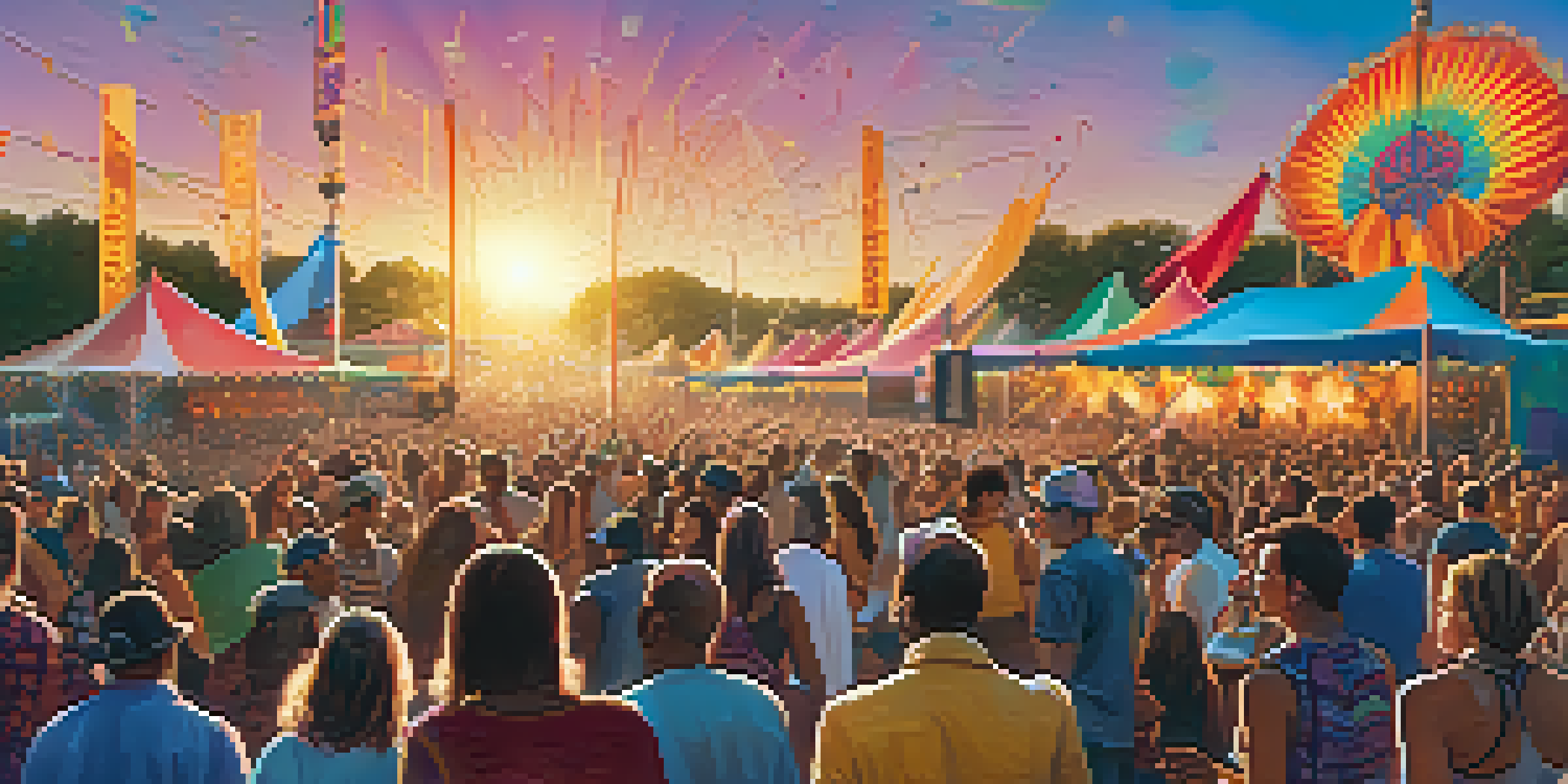 A lively outdoor music festival with a diverse audience enjoying live music, colorful decorations, and musicians on stage.