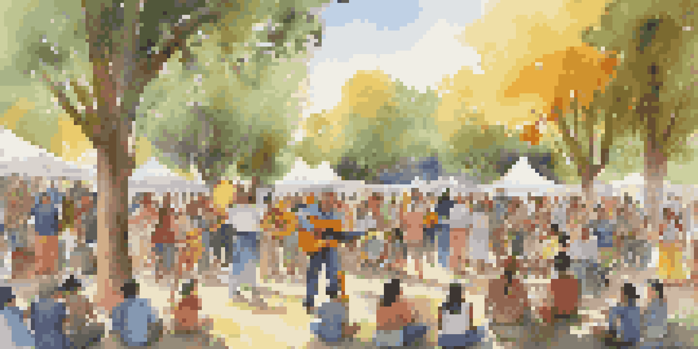A diverse group of people singing and playing instruments in a park, surrounded by colorful banners and trees, showcasing a sense of community and cultural pride.