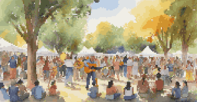 A diverse group of people singing and playing instruments in a park, surrounded by colorful banners and trees, showcasing a sense of community and cultural pride.