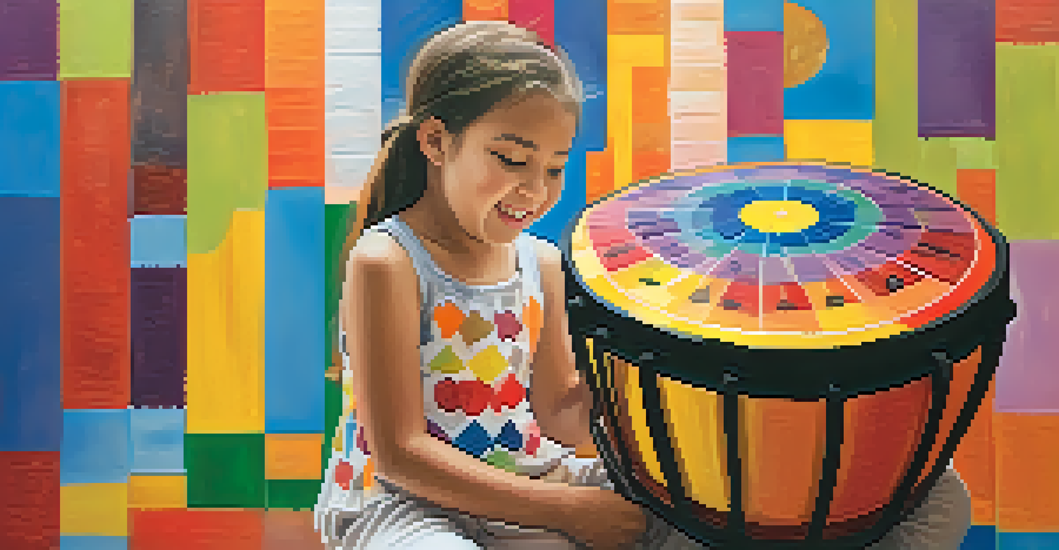 A young girl with autism playing a drum, smiling and engaged.