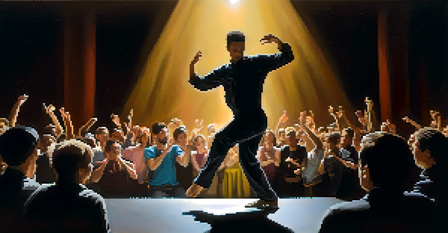 A solo artist performing body percussion on stage, illuminated by dramatic lighting, with an engaged audience in the background.