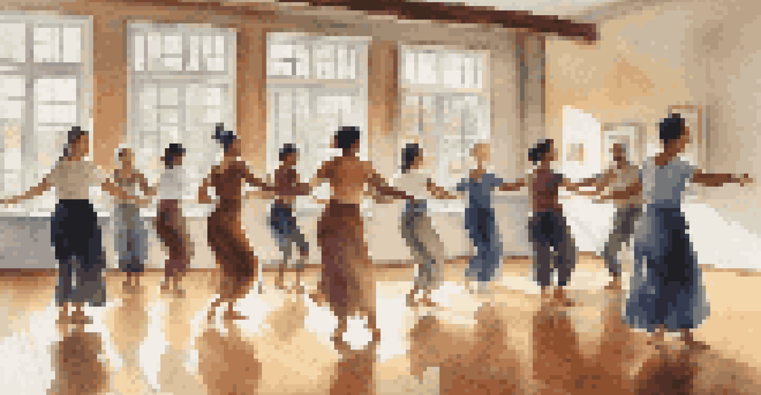 A diverse group of students in a dance class, learning from an instructor, with sunlight illuminating the bright and welcoming studio environment.
