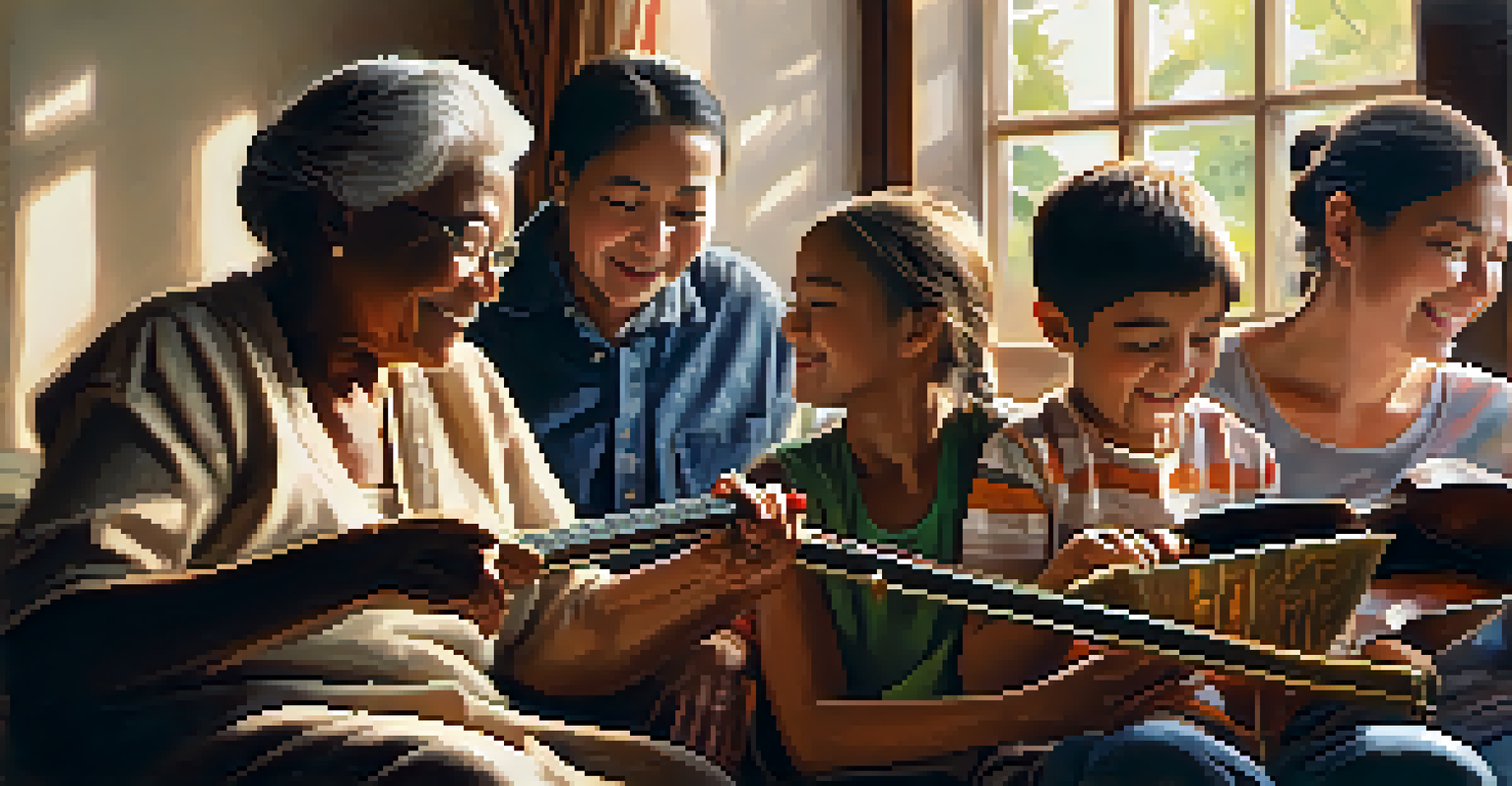 A family gathering with generations sharing music, an elderly person playing an instrument, and younger members listening.