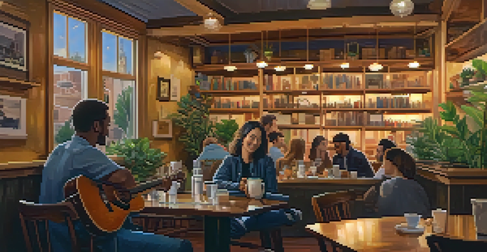A musician performing an acoustic set in a cozy coffee shop, surrounded by an engaged audience and a warm atmosphere.
