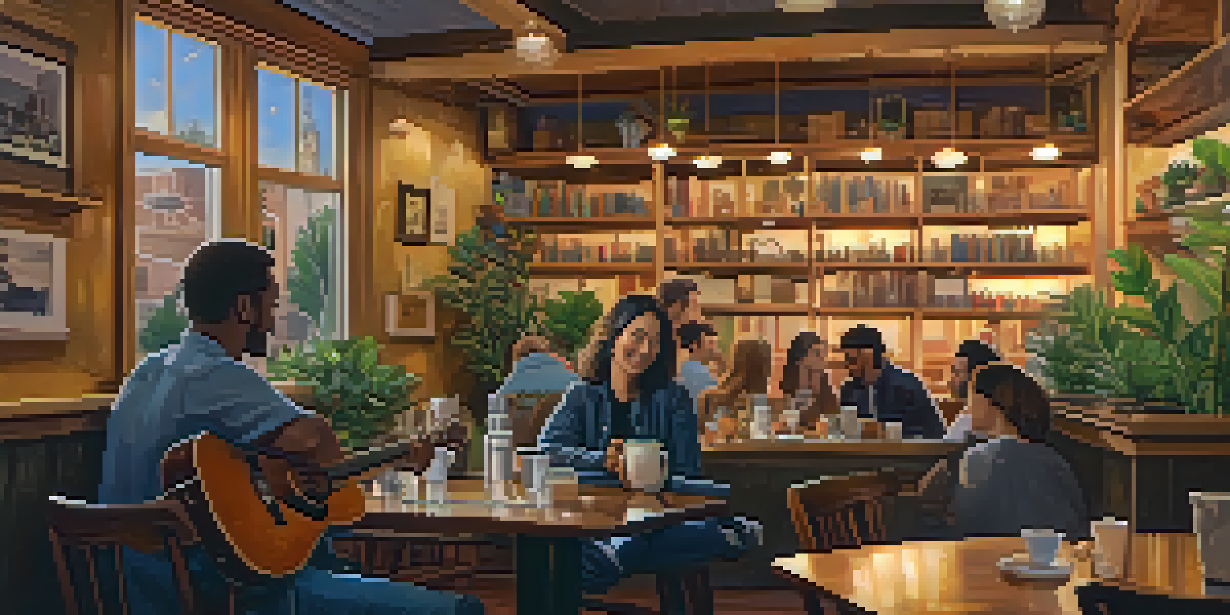 A musician performing an acoustic set in a cozy coffee shop, surrounded by an engaged audience and a warm atmosphere.