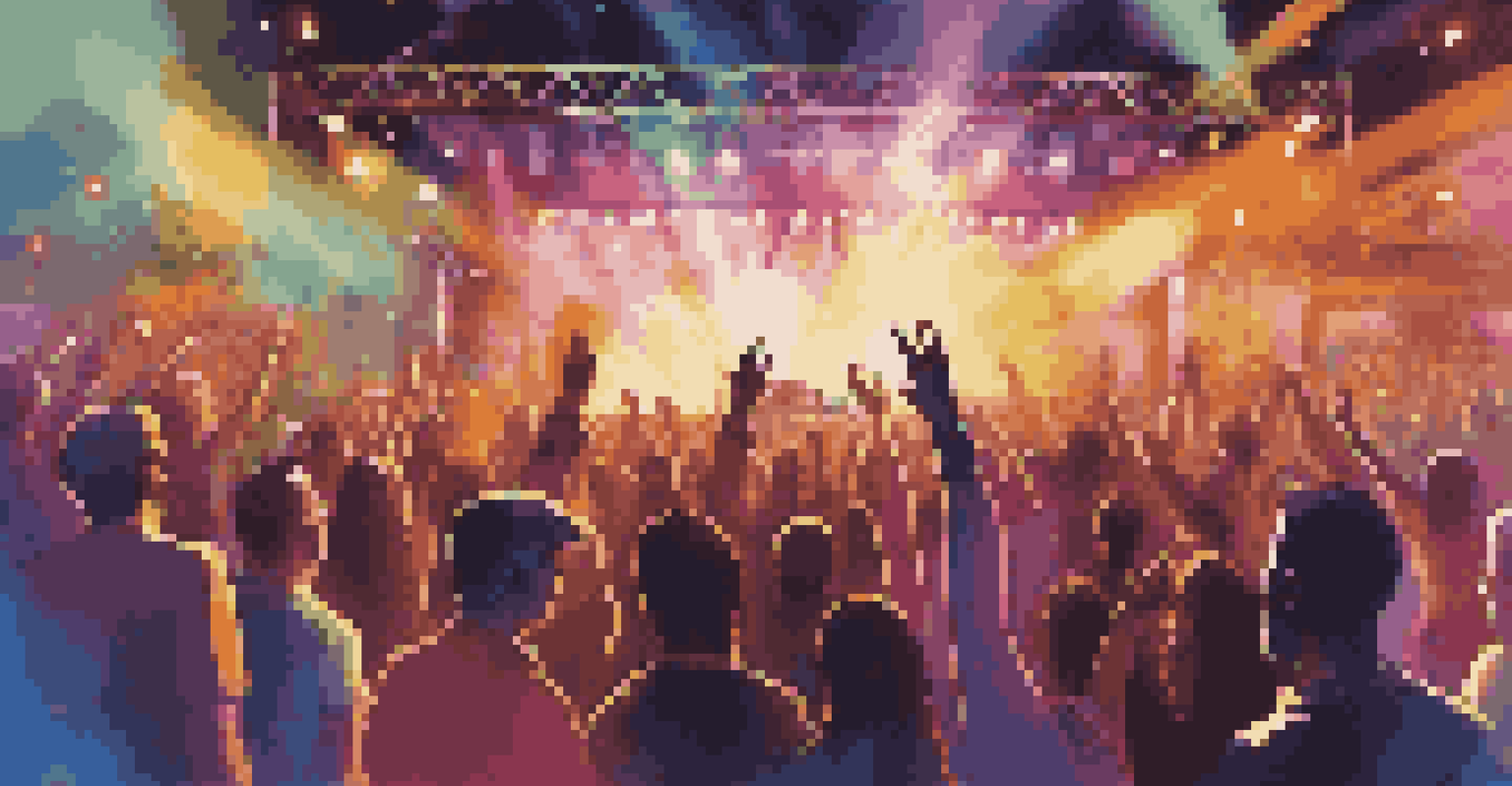 A lively electric music festival scene with a band performing on stage surrounded by colorful lights and an energetic crowd.