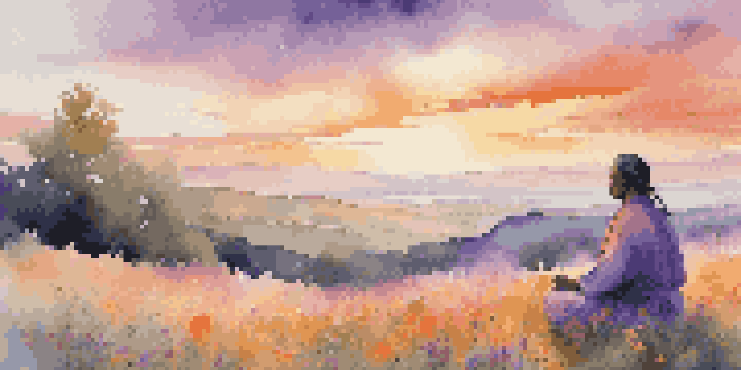 A person meditating on a grassy hill at sunset, surrounded by wildflowers and Tibetan singing bowls, with a colorful sky.