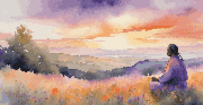 A person meditating on a grassy hill at sunset, surrounded by wildflowers and Tibetan singing bowls, with a colorful sky.