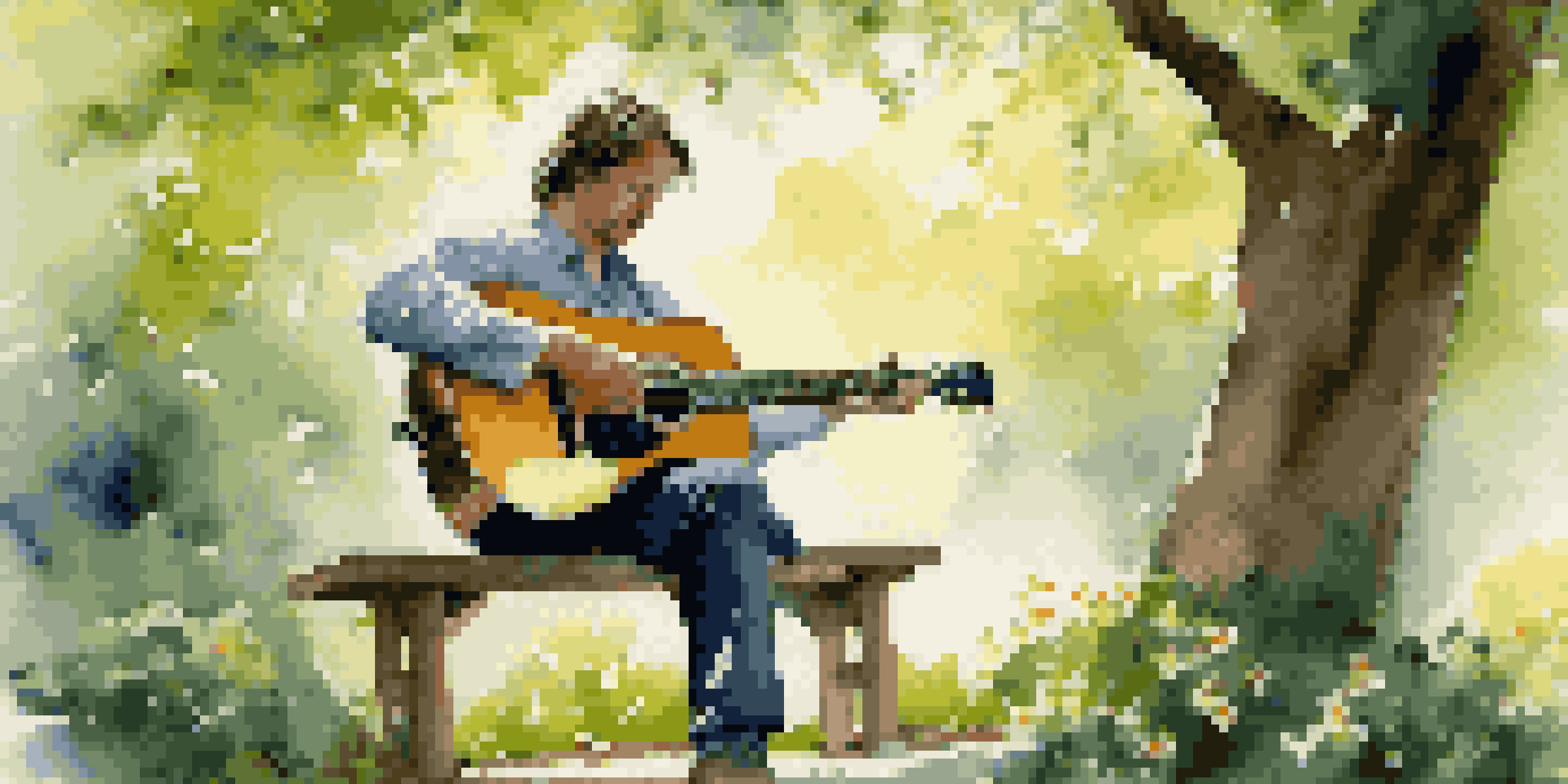 A musician sitting on a bench in a sunny park, playing an acoustic guitar surrounded by trees and flowers.