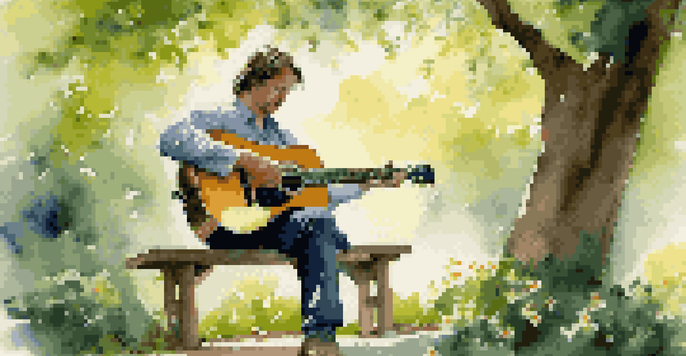 A musician sitting on a bench in a sunny park, playing an acoustic guitar surrounded by trees and flowers.