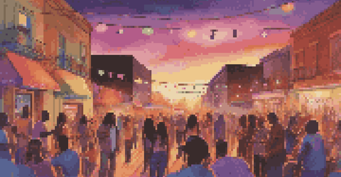 A lively outdoor music performance with musicians and a cheering crowd at sunset, showcasing a vibrant community atmosphere.