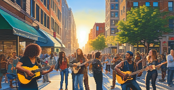 A young woman with colorful hair playing an acoustic guitar on a busy city sidewalk, surrounded by a diverse crowd of listeners during golden hour.