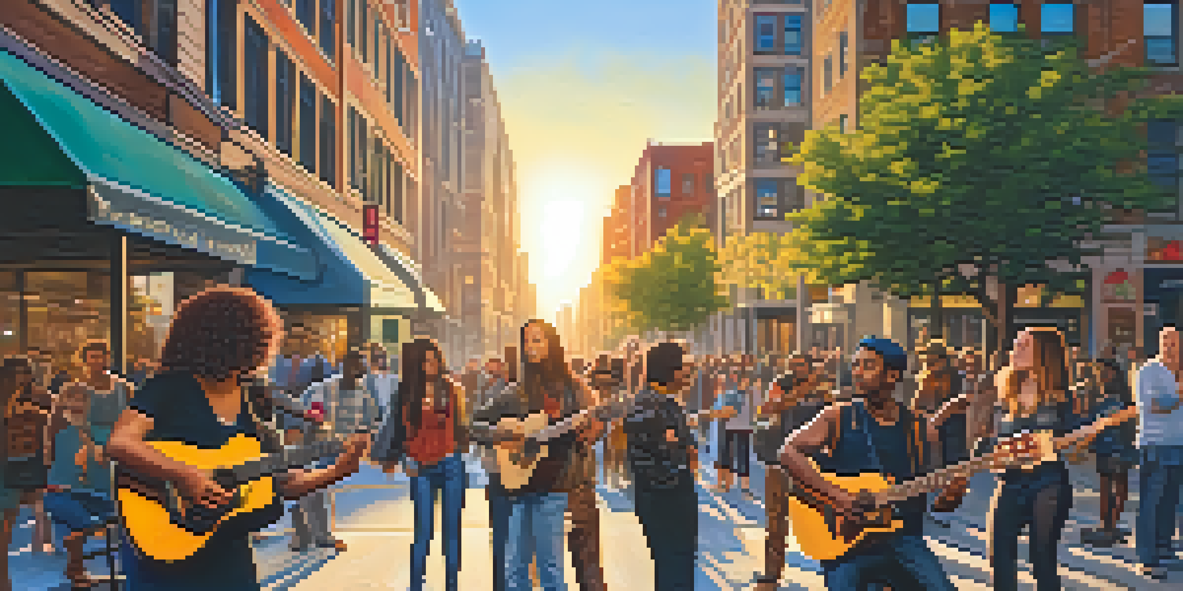 A young woman with colorful hair playing an acoustic guitar on a busy city sidewalk, surrounded by a diverse crowd of listeners during golden hour.