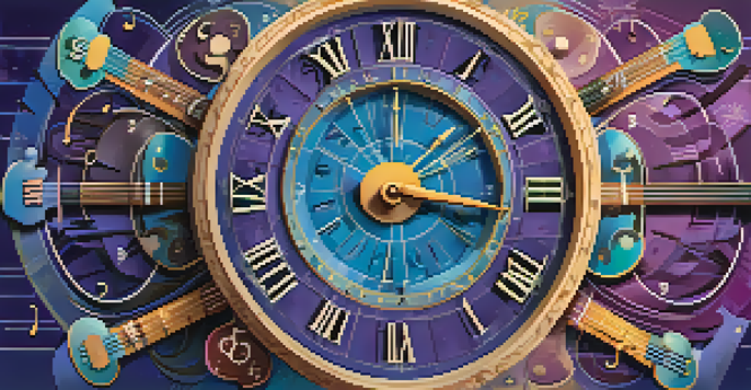 An artistic representation of the Circle of Fifths, designed like a clock with musical notes and symbols around it, featuring colorful instruments in the background.
