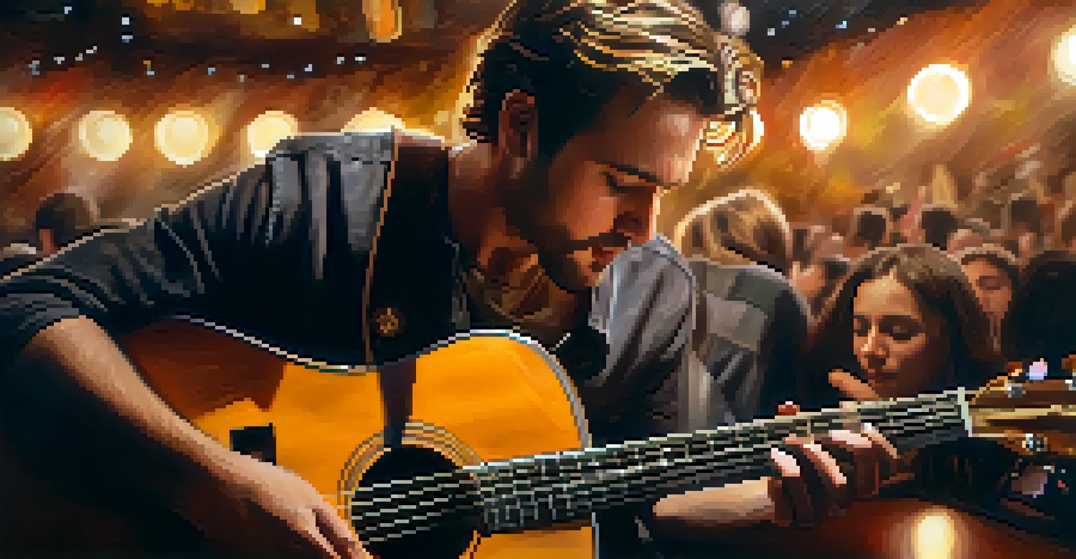 A musician playing acoustic guitar with handwritten lyrics in a warm and intimate setting, conveying deep emotion.