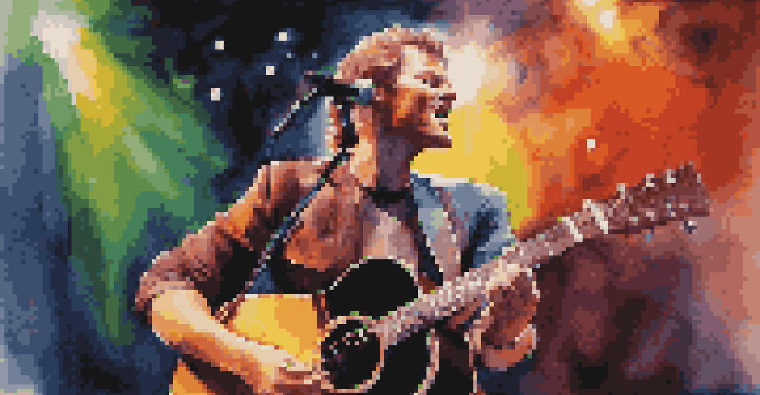 A close-up of a musician playing guitar on stage, with a captivated audience and colorful lights in the background.