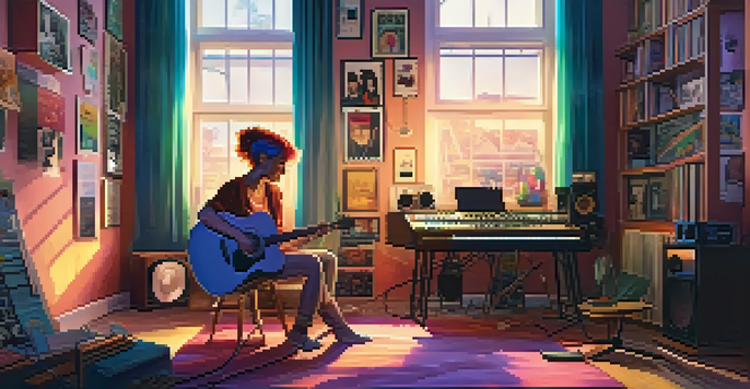 A young woman with colorful hair playing an acoustic guitar in a cozy home studio filled with musical instruments and recording equipment.