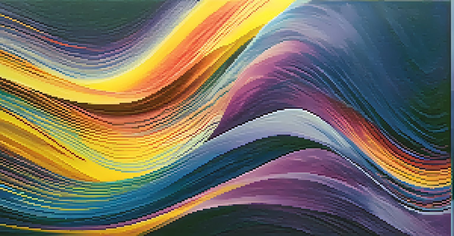 Abstract colorful sound waves represented by flowing lines in a spectrum of colors, illustrating movement and emotion.