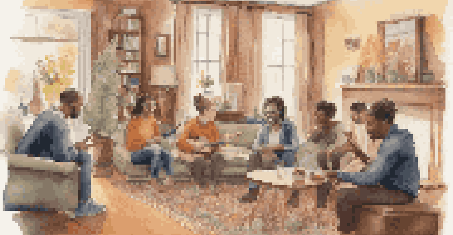 A group of friends in a cozy living room, supporting each other while rehearsing for a performance.