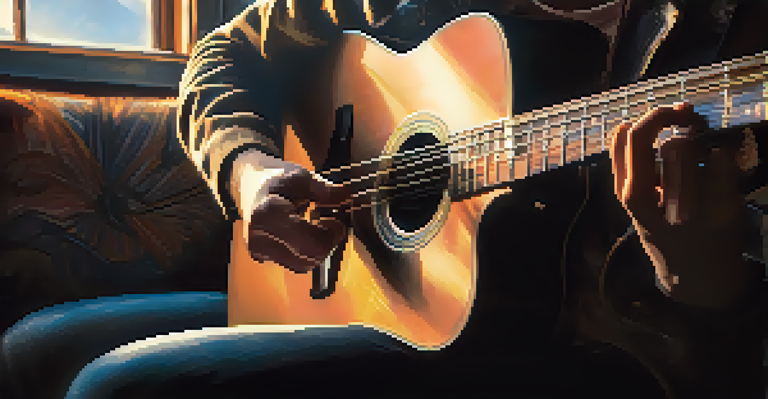 A close-up of a guitarist's hands with digital graphics of smart contracts and royalty distribution overlaying the image.