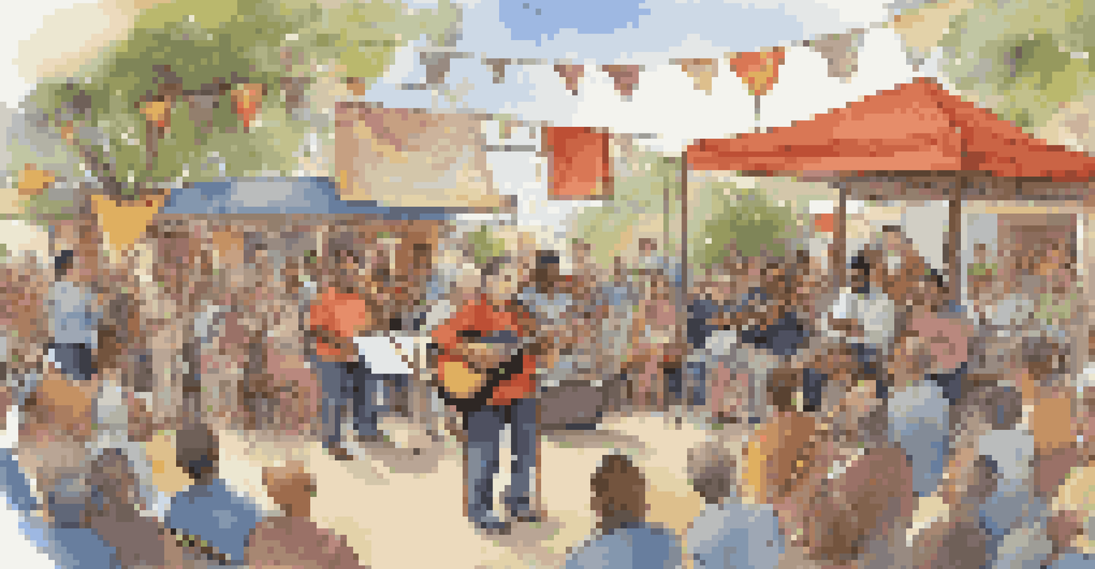 A community band performing on stage outdoors, with a diverse audience enjoying the music and colorful decorations in the background.