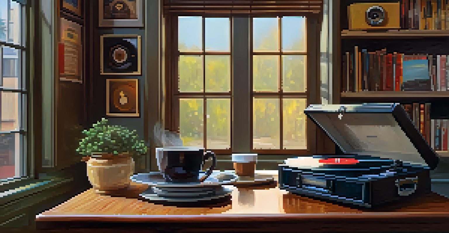 A cozy coffee shop with a record player and vintage vinyl records, bathed in warm sunlight with a cup of coffee on the table.