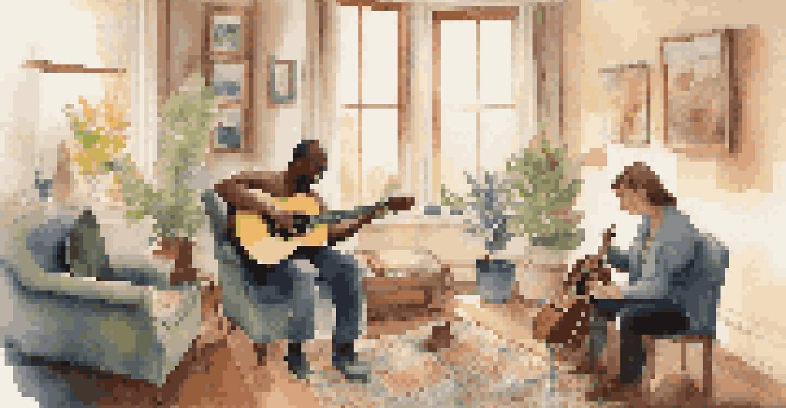 An intimate music therapy session with a therapist and client in a cozy room, surrounded by instruments, highlighting the healing power of music.