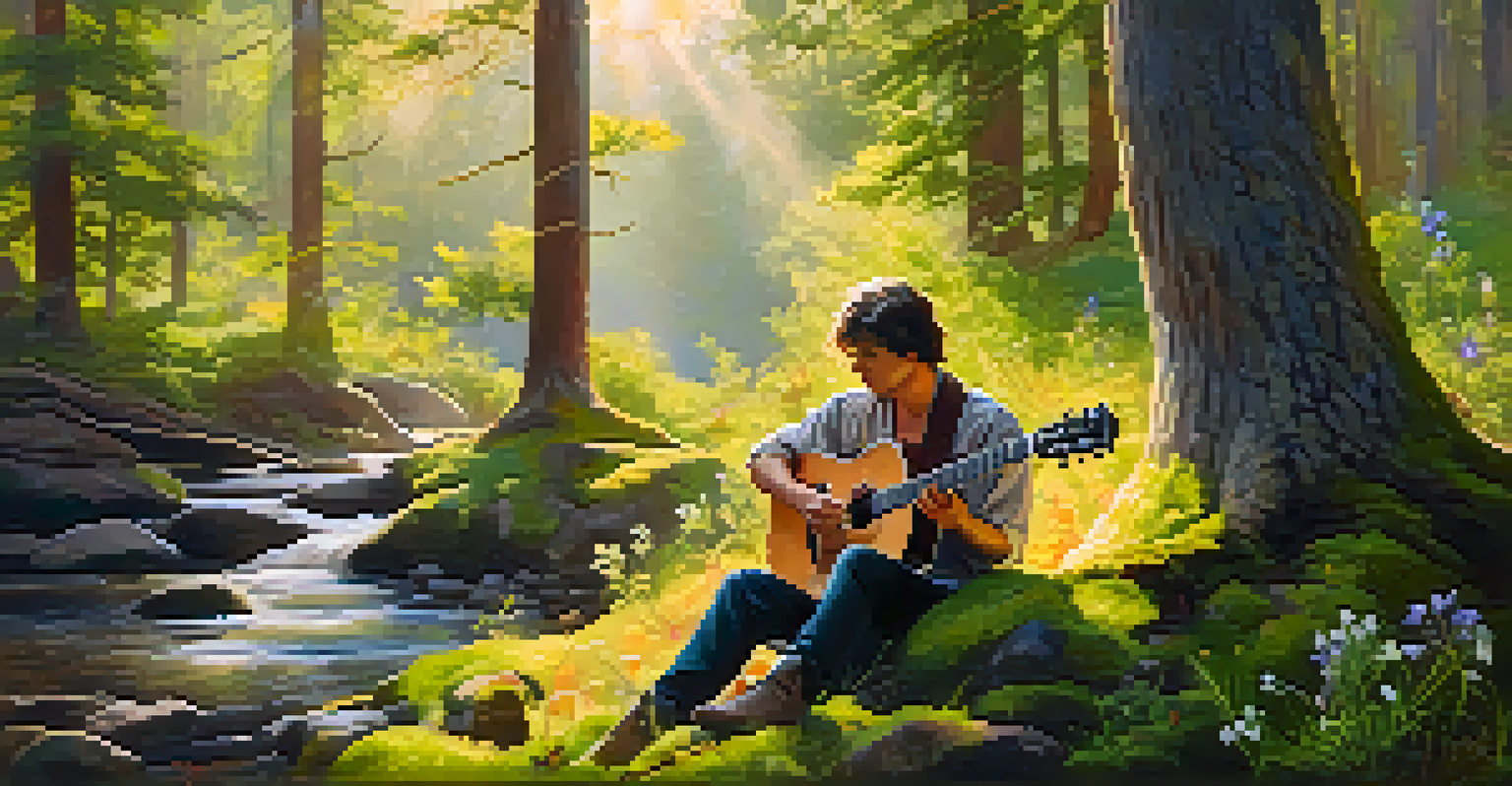 A musician playing a classical guitar in a sunlit forest, surrounded by wildflowers and dappled sunlight.