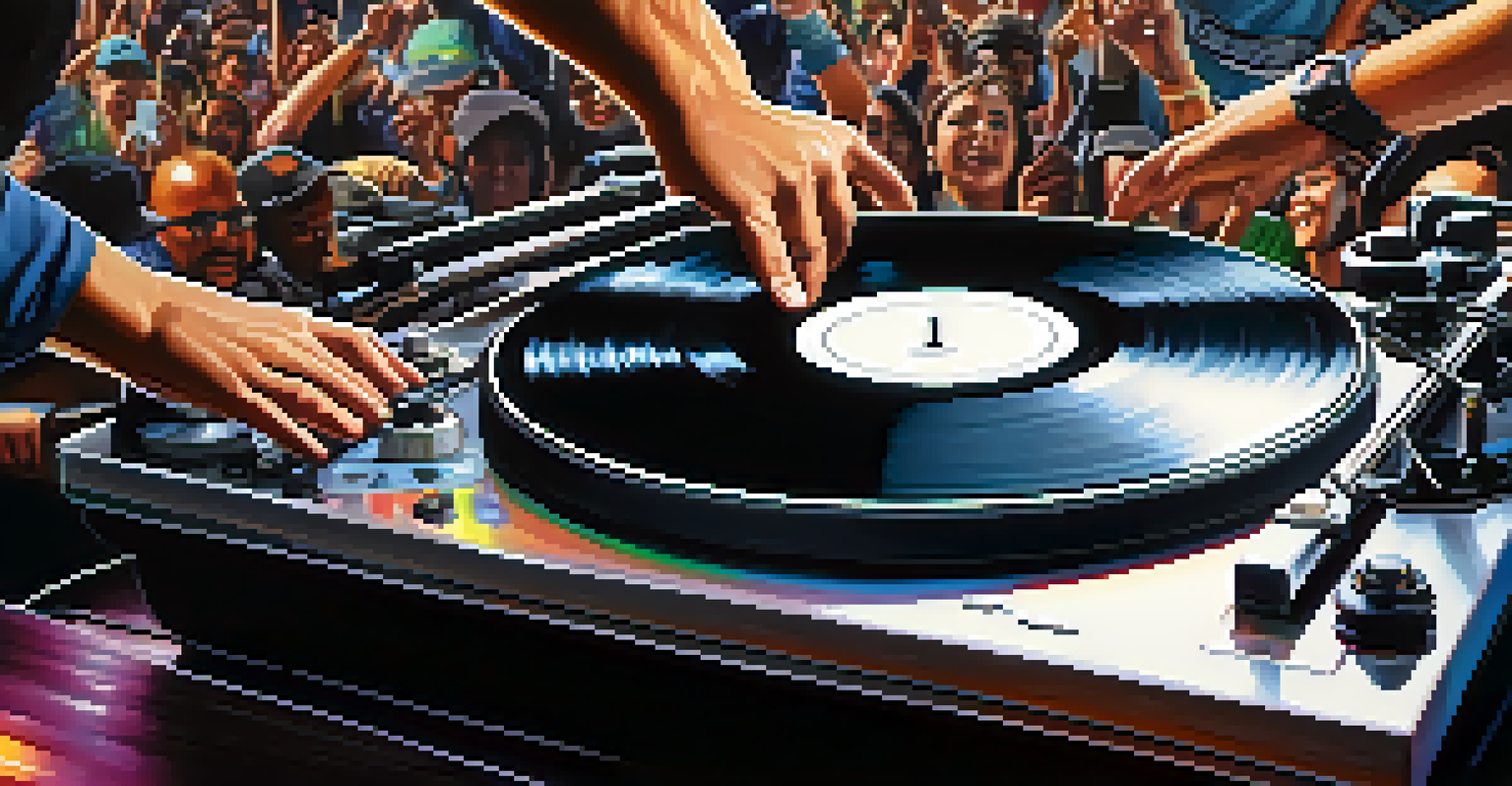 Close-up of a DJ's hands on turntables with a blurred crowd and lights in the background.