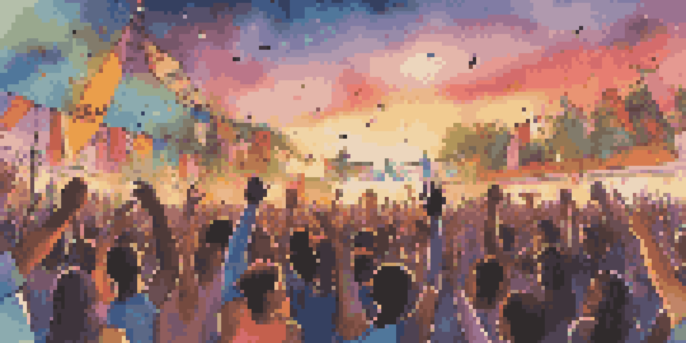 A lively outdoor music festival with diverse artists performing on stage, surrounded by an engaged audience holding signs for social justice under a colorful sunset.