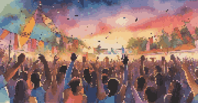 A lively outdoor music festival with diverse artists performing on stage, surrounded by an engaged audience holding signs for social justice under a colorful sunset.