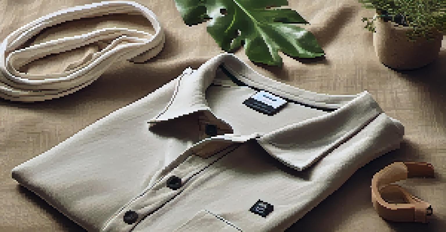 Close-up of eco-friendly merchandise including organic cotton t-shirts and biodegradable accessories on a textured fabric background.