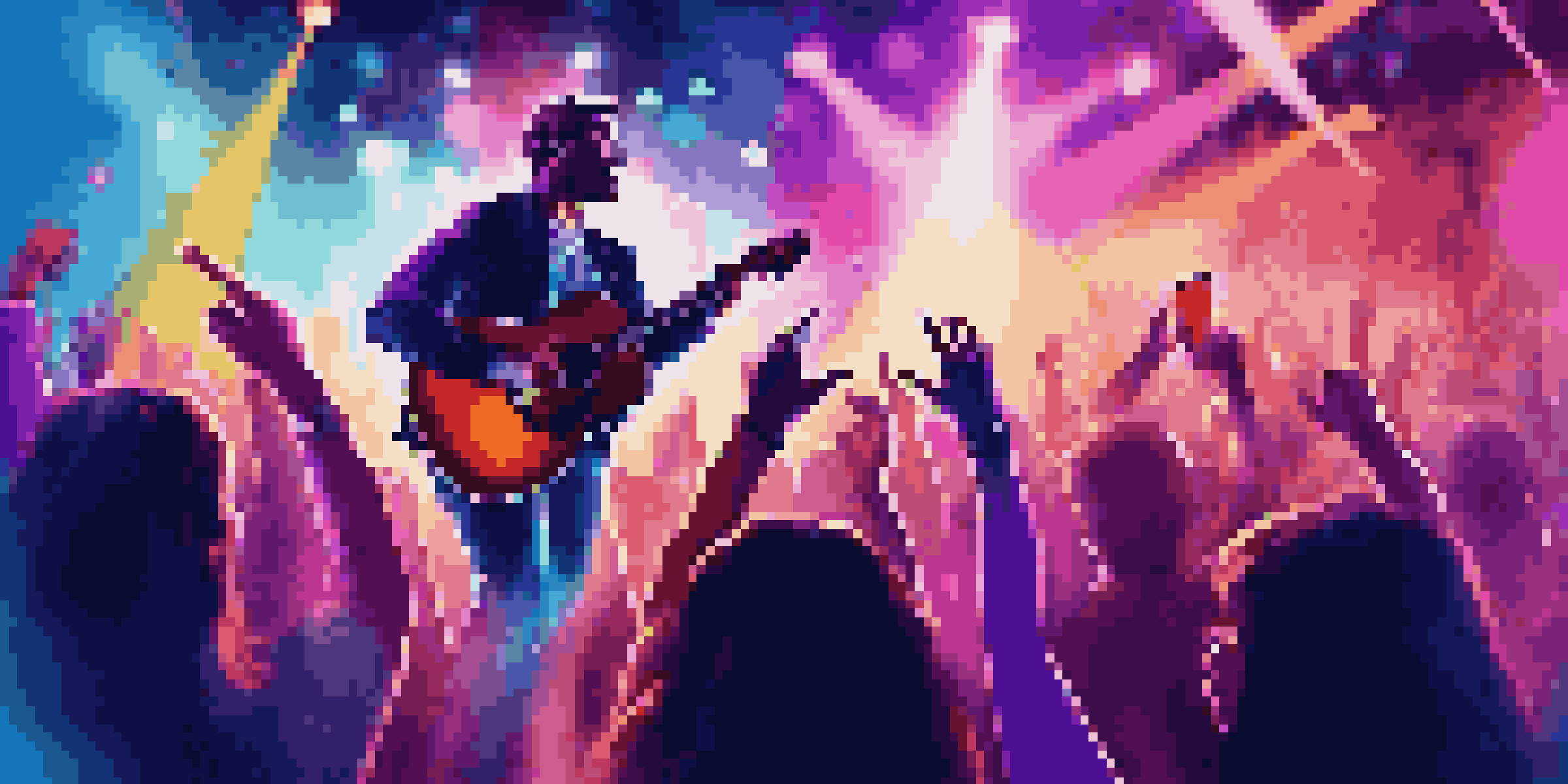 A musician performing on stage with colorful lights and an enthusiastic crowd cheering.
