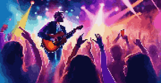 A musician performing on stage with colorful lights and an enthusiastic crowd cheering.