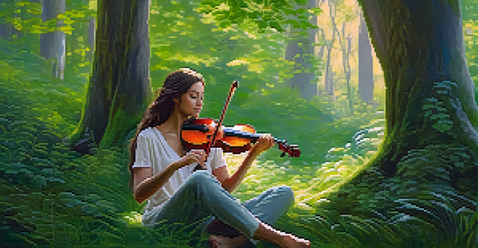 A young woman playing a violin sits cross-legged in a peaceful forest, meditating amidst lush greenery and sunlight.