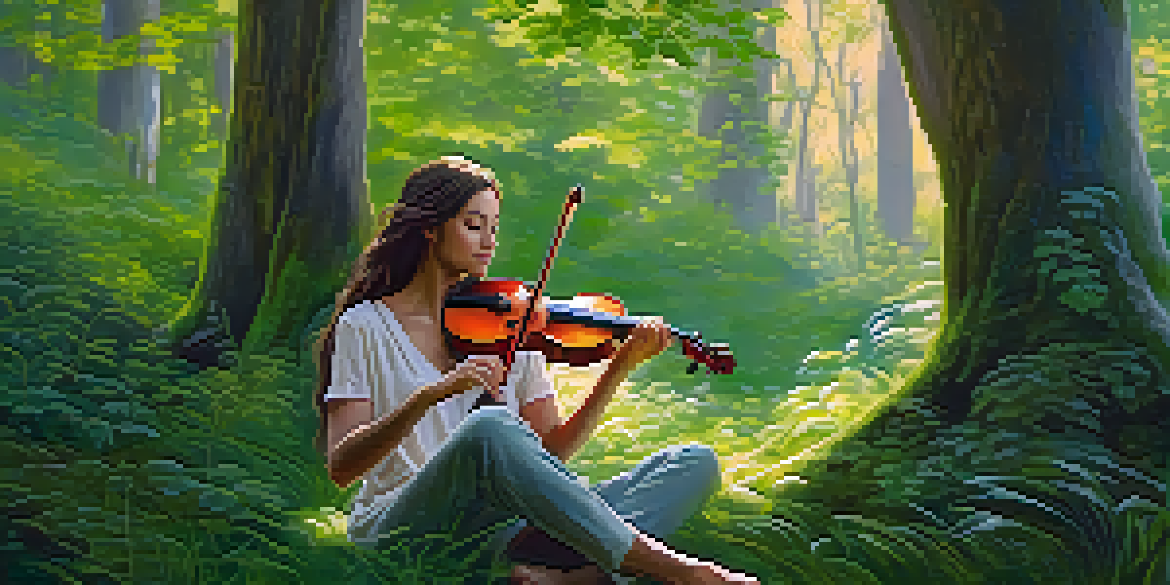 A young woman playing a violin sits cross-legged in a peaceful forest, meditating amidst lush greenery and sunlight.