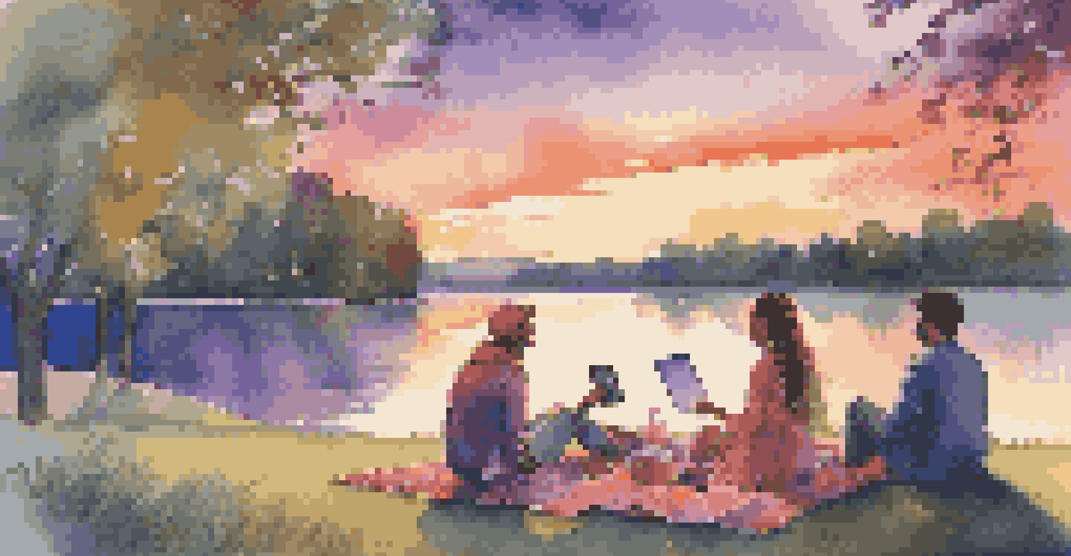 A couple enjoying a sunset picnic by a lake, lying on a blanket and listening to music together.