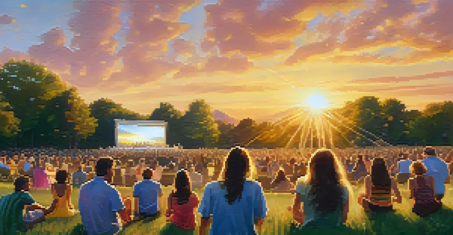 A lively outdoor concert scene with people dancing and enjoying music during sunset.