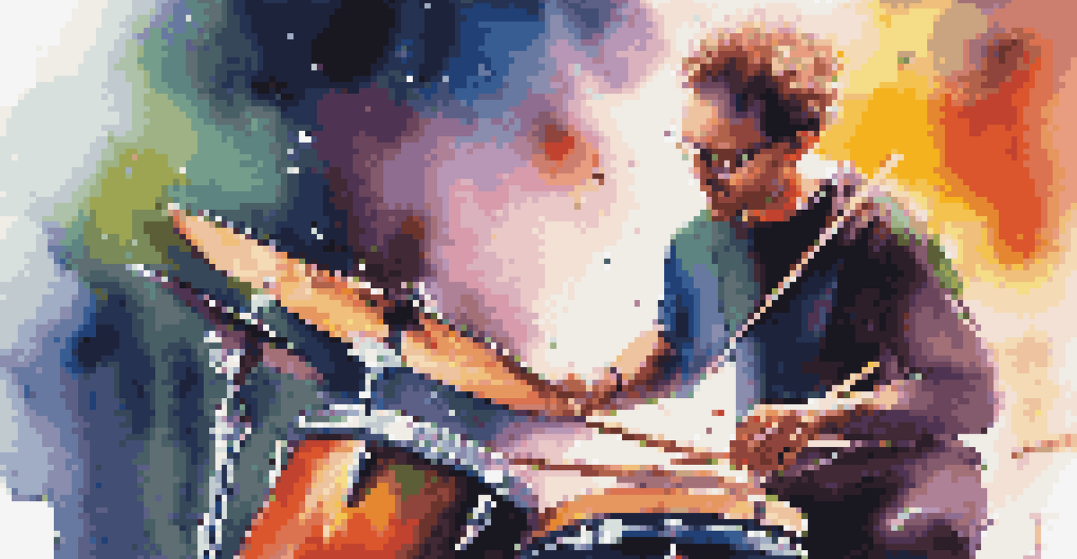 A drummer energetically playing a colorful drum set with vibrant concert lights in the background.