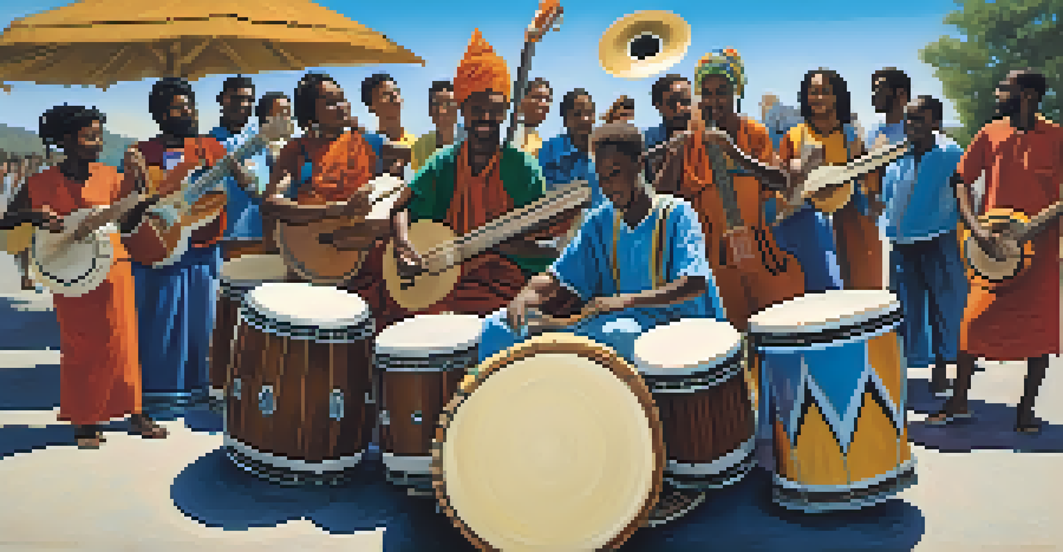 A diverse group of people playing musical instruments in a circle outdoors, expressing joy and unity.