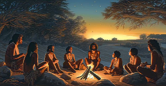 A group of early humans playing music around a fire, with flutes and drums, under a starry sky.