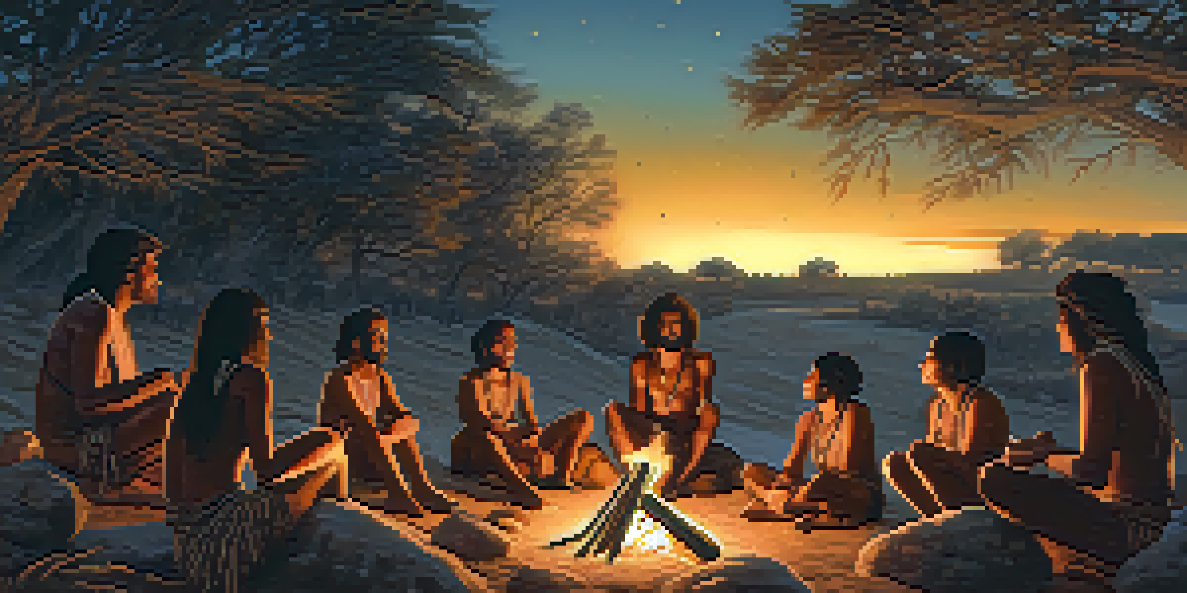 A group of early humans playing music around a fire, with flutes and drums, under a starry sky.