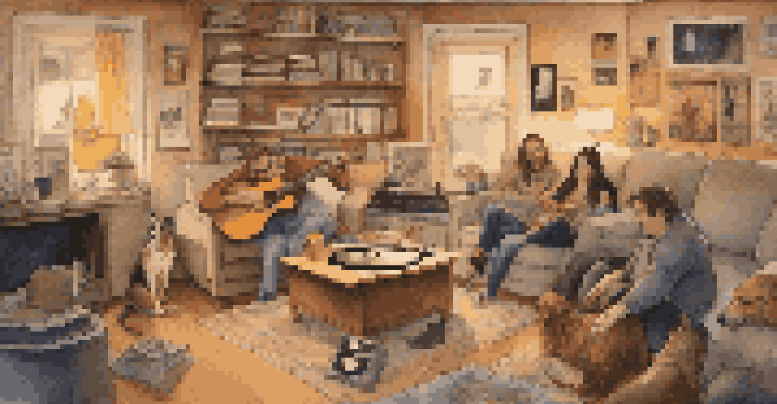 A warm and inviting room with friends discussing music around a turntable, surrounded by vinyl records and band posters, with a dog resting nearby.