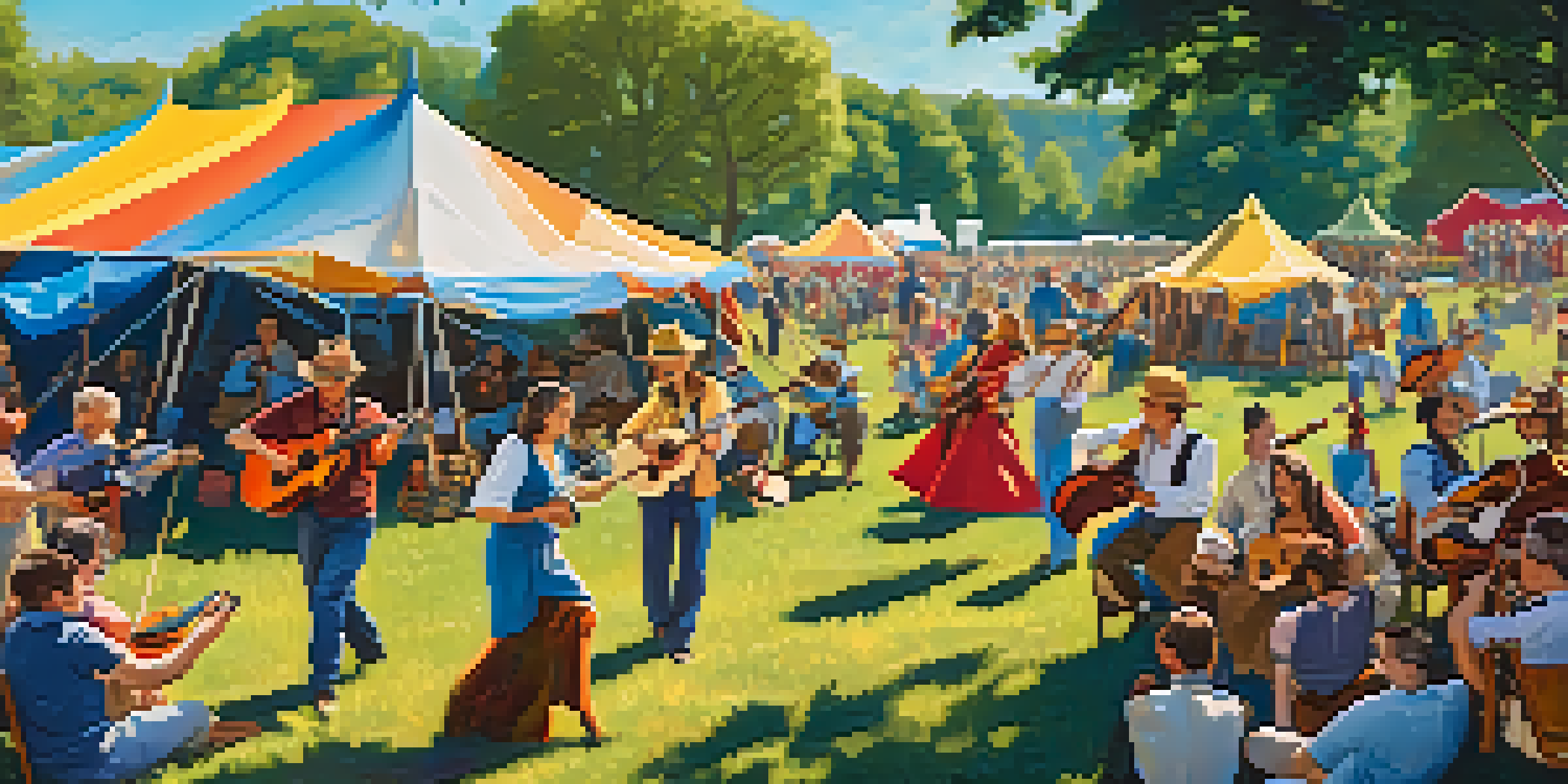 A lively folk music festival with musicians and dancers, surrounded by colorful tents and trees under a blue sky.