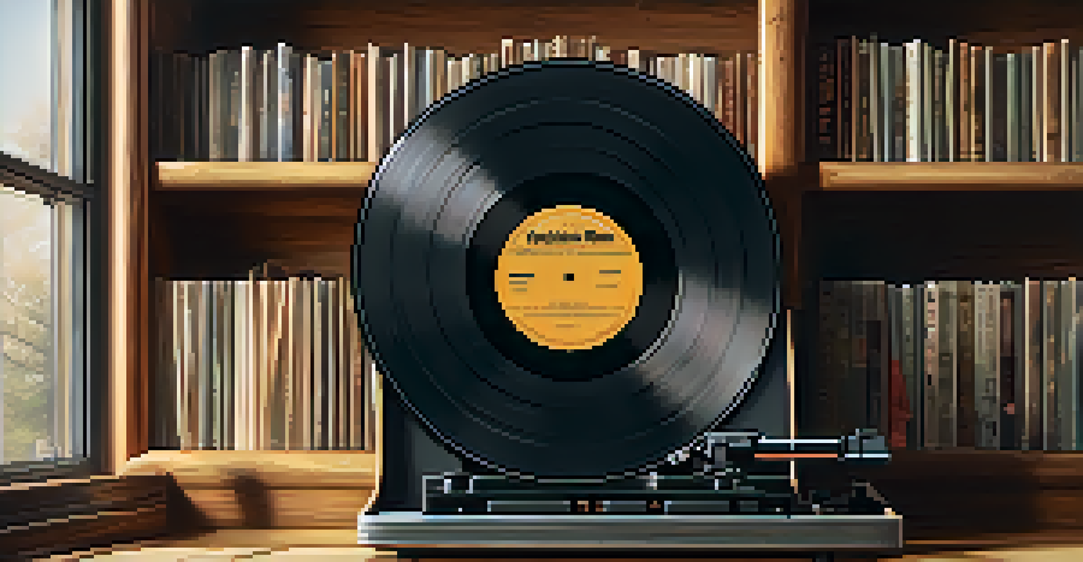 A close-up of a spinning vinyl record on a turntable, surrounded by a rustic bookshelf filled with music albums.