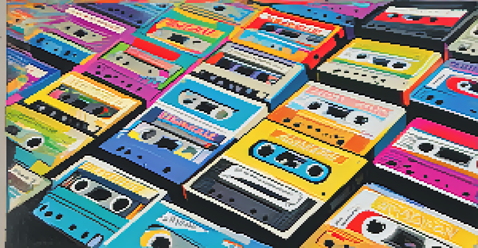 A vibrant cassette tape on a colorful retro-patterned surface, surrounded by stacked cassette tapes.