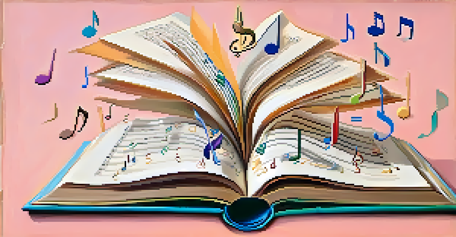 An open book with musical notes and symbols emanating from its pages, representing the relationship between music and education.