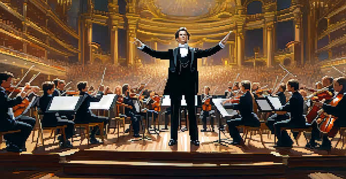 A conductor leading a symphony orchestra in a grand concert hall, wearing a black tuxedo and holding a baton.